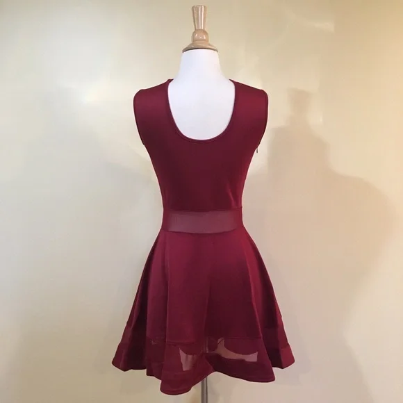 💥 SALE Sheer Mesh Peekaboo Sleeveless Skater Dress Burgundy - Picture 4 of 4